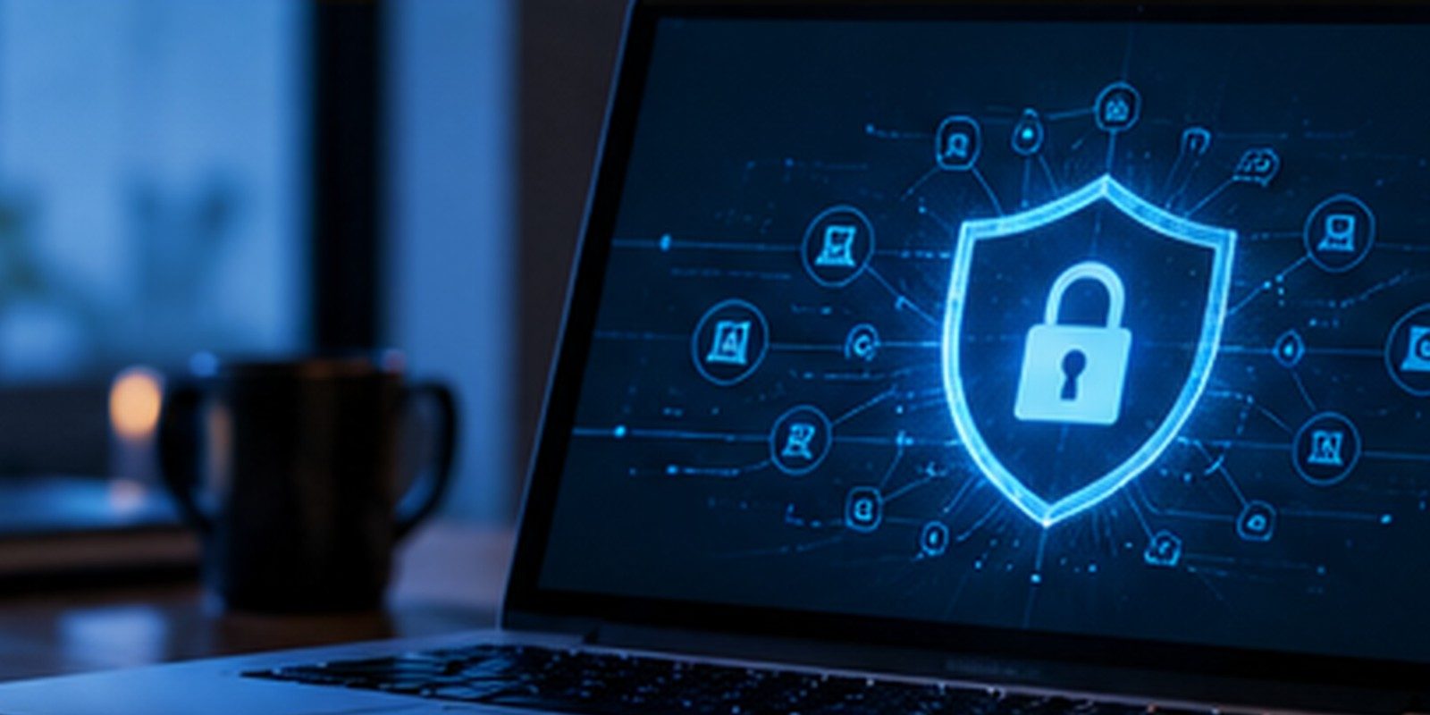 Laptop showing a security shield on a desk at night