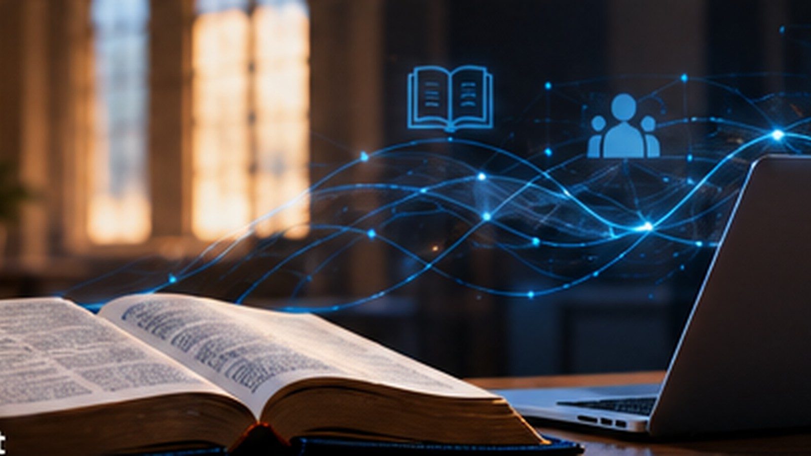 Open Bible beside a laptop with ministry and AI icons