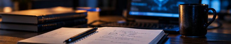 Notebook, coffee, and laptop on a desk