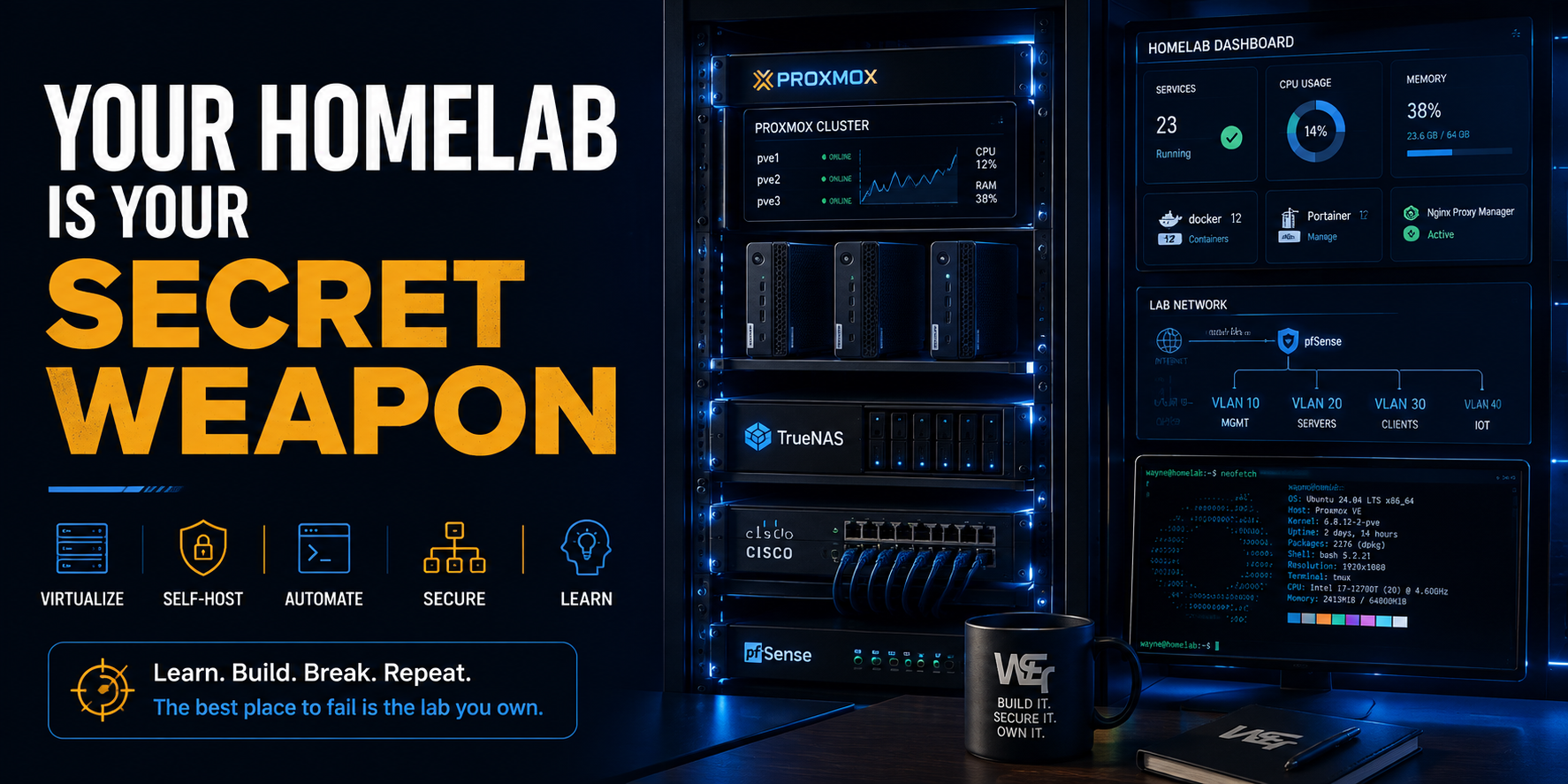 A modern homelab featuring a Proxmox cluster, TrueNAS server, Cisco networking equipment, and virtualization dashboards beside the headline "Your Homelab Is Your Secret Weapon."